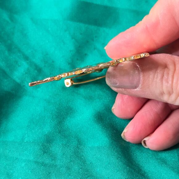 JJ Jonette Vintage Art Deco Style goldtone Double Date Brooch 1988 pin 80s prom - Picture 9 of 15